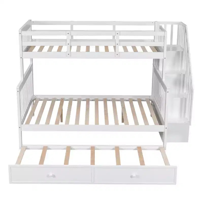 Stairway Twin over Full Bunk Bed with Trundle for Kids, Bunk Bed Frame with Storage Stairs and Guard Rail