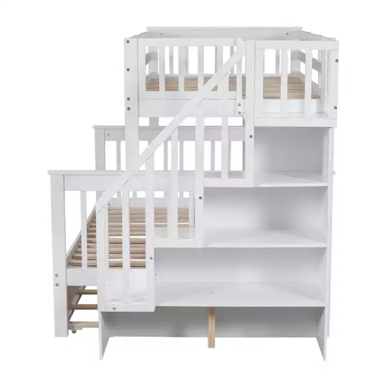Stairway Twin over Full Bunk Bed with Trundle for Kids, Bunk Bed Frame with Storage Stairs and Guard Rail