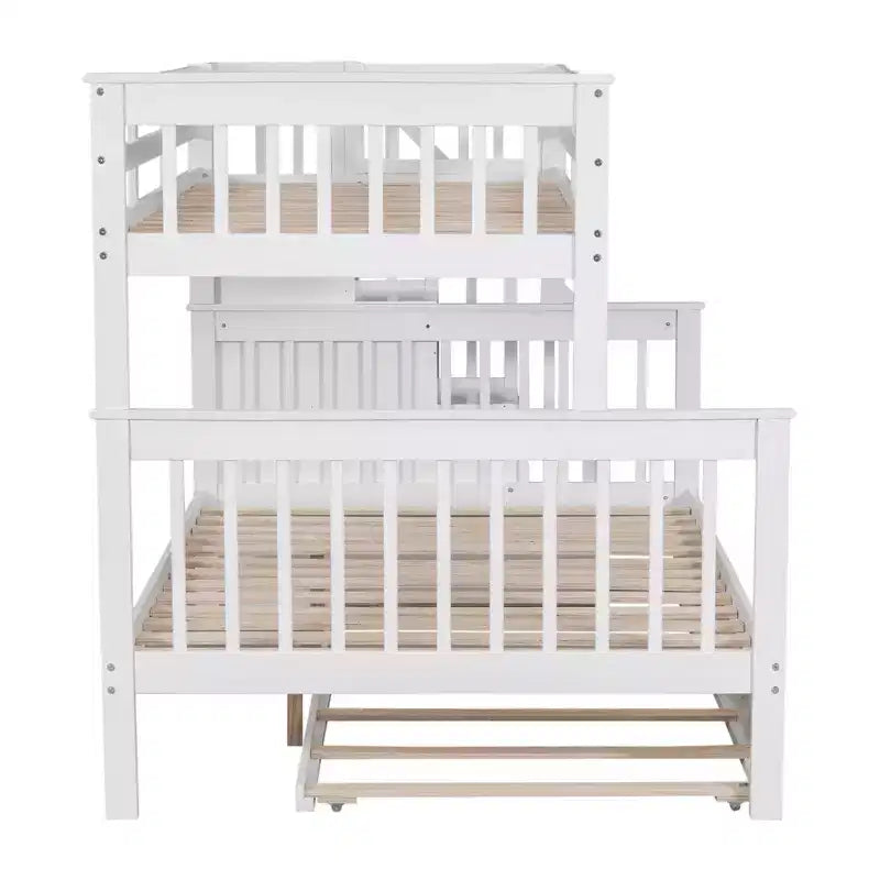 Stairway Twin over Full Bunk Bed with Trundle for Kids, Bunk Bed Frame with Storage Stairs and Guard Rail
