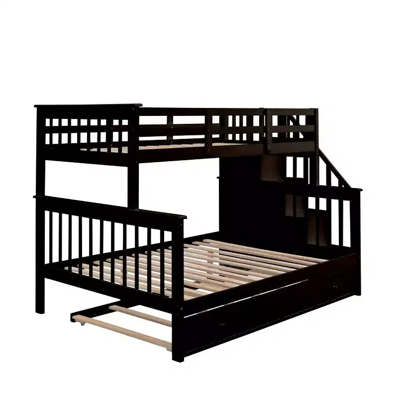 Stairway Twin over Full Bunk Bed with Trundle for Kids, Bunk Bed Frame with Storage Stairs and Guard Rail