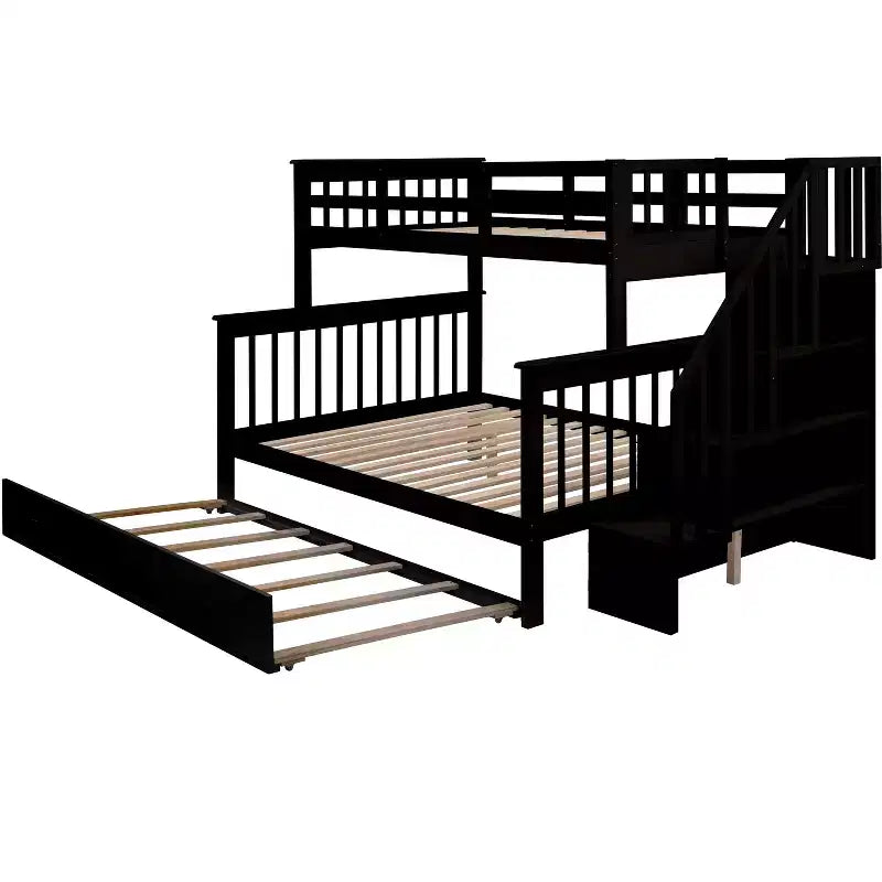 Stairway Twin over Full Bunk Bed with Trundle for Kids, Bunk Bed Frame with Storage Stairs and Guard Rail