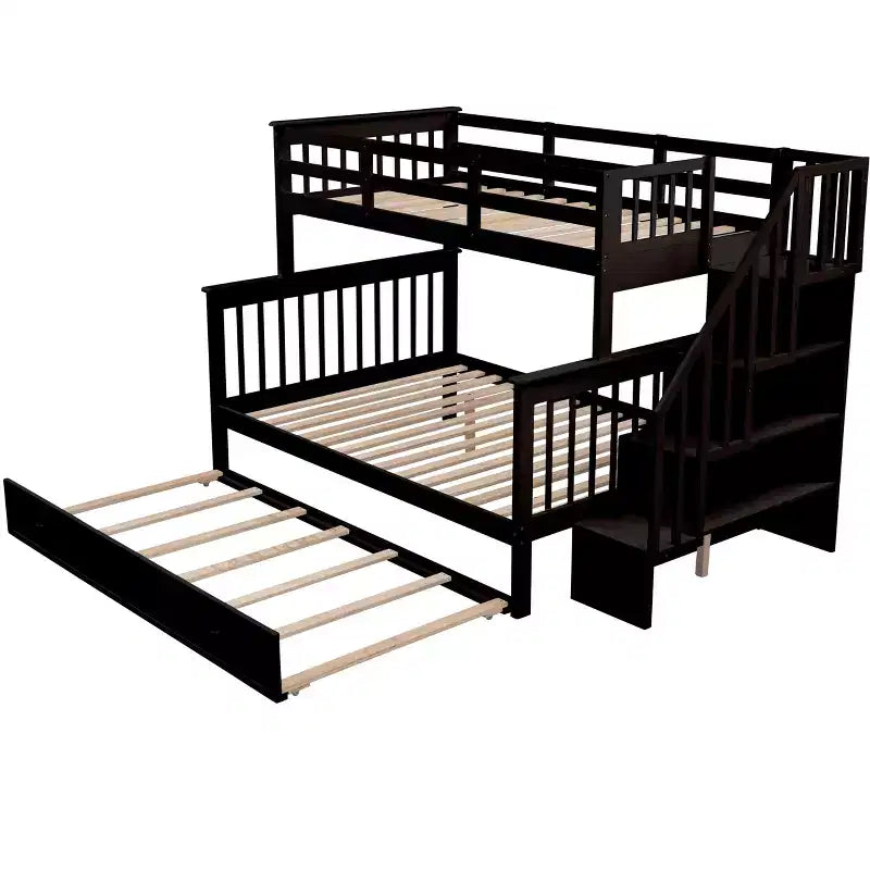 Stairway Twin over Full Bunk Bed with Trundle for Kids, Bunk Bed Frame with Storage Stairs and Guard Rail