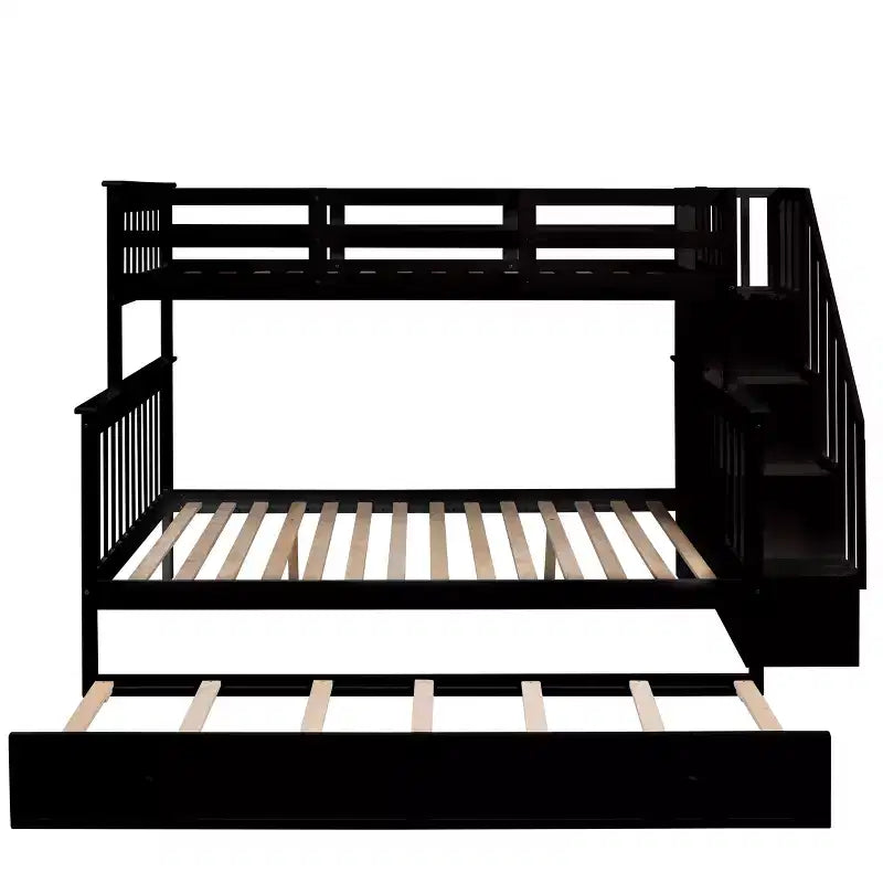 Stairway Twin over Full Bunk Bed with Trundle for Kids, Bunk Bed Frame with Storage Stairs and Guard Rail