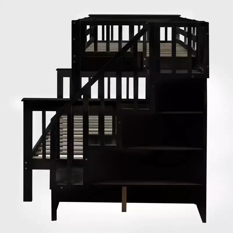 Stairway Twin over Full Bunk Bed with Trundle for Kids, Bunk Bed Frame with Storage Stairs and Guard Rail