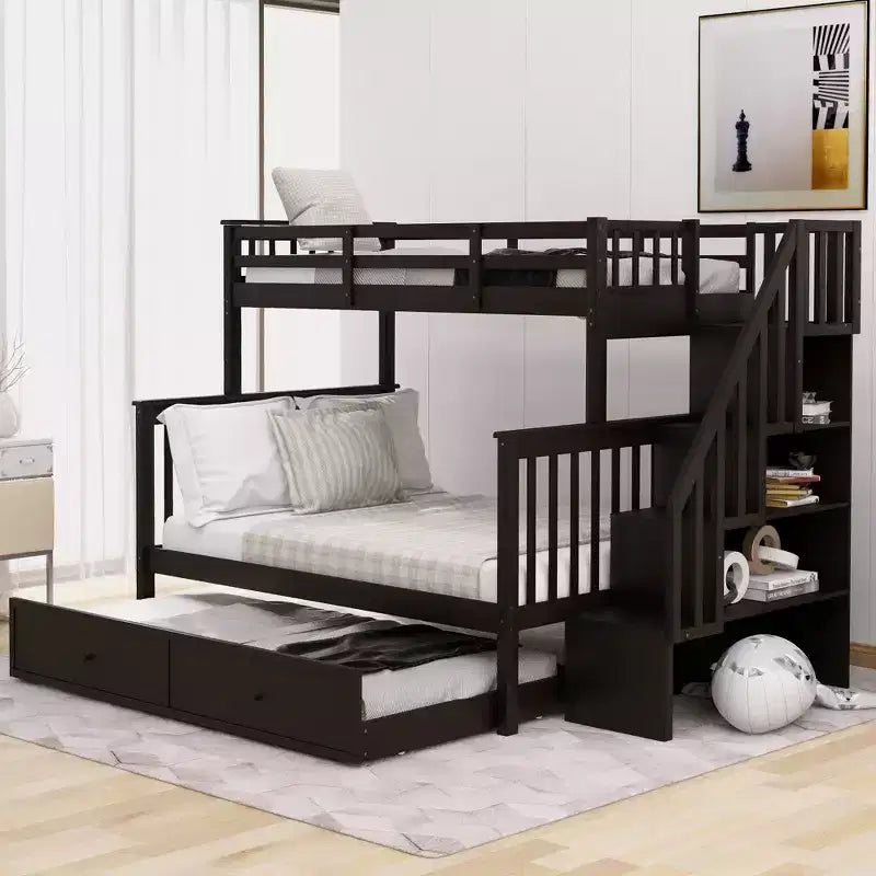 Stairway Twin over Full Bunk Bed with Trundle for Kids, Bunk Bed Frame with Storage Stairs and Guard Rail