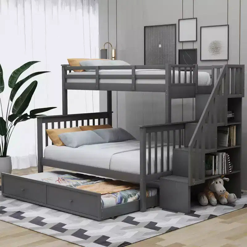 Stairway Twin over Full Bunk Bed with Trundle for Kids, Bunk Bed Frame with Storage Stairs and Guard Rail