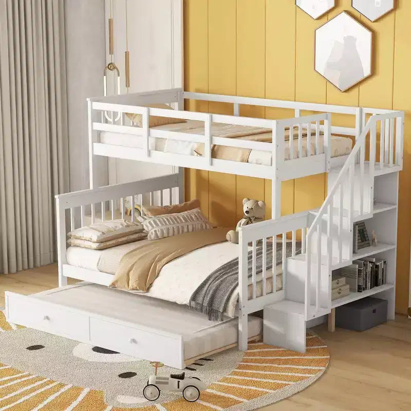 Stairway Twin over Full Bunk Bed with Trundle for Kids, Bunk Bed Frame with Storage Stairs and Guard Rail