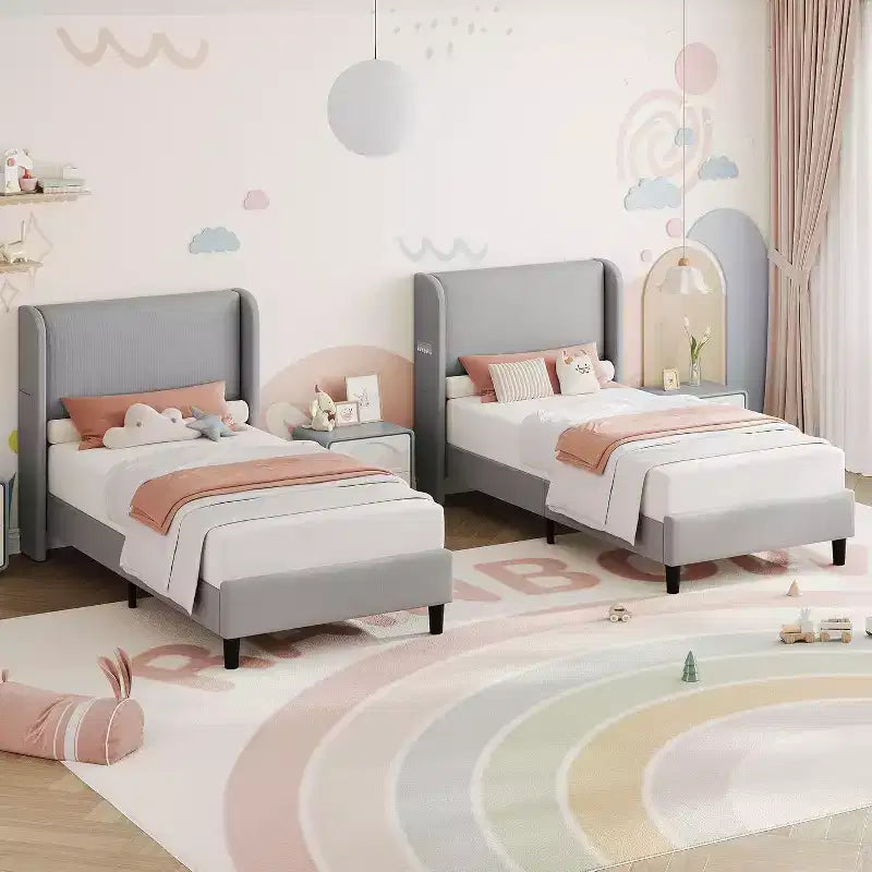 Cadre de lit jumeau avec tête de lit réglable, lit plateforme tapissé en velours avec 12 lattes en bois, pieds de support robustes, beige