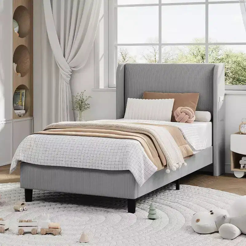 Cadre de lit jumeau avec tête de lit réglable, lit plateforme tapissé en velours avec 12 lattes en bois, pieds de support robustes, beige