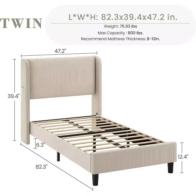 Cadre de lit jumeau avec tête de lit réglable, lit plateforme tapissé en velours avec 12 lattes en bois, pieds de support robustes, beige