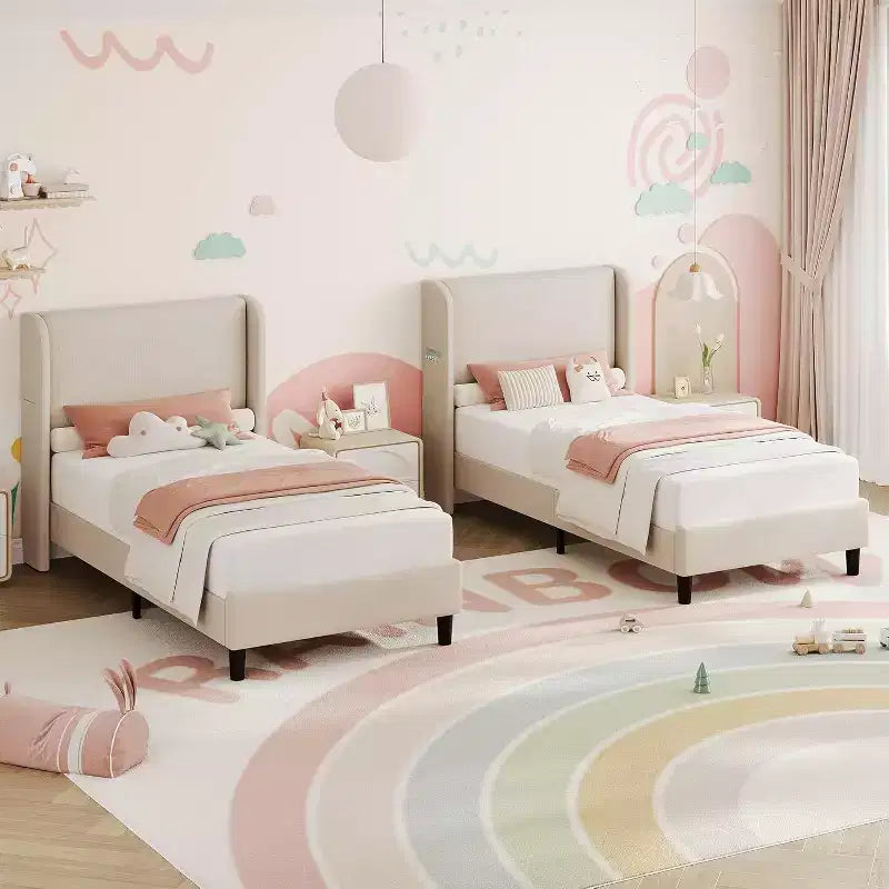 Cadre de lit jumeau avec tête de lit réglable, lit plateforme tapissé en velours avec 12 lattes en bois, pieds de support robustes, beige
