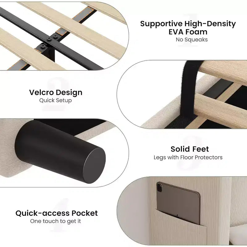 Cadre de lit jumeau avec tête de lit réglable, lit plateforme tapissé en velours avec 12 lattes en bois, pieds de support robustes, beige