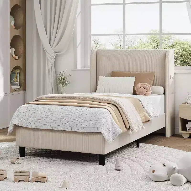 Cadre de lit jumeau avec tête de lit réglable, lit plateforme tapissé en velours avec 12 lattes en bois, pieds de support robustes, beige
