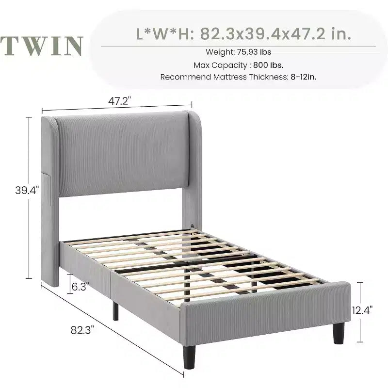 Cadre de lit jumeau avec tête de lit réglable, lit plateforme tapissé en velours avec 12 lattes en bois, pieds de support robustes, beige