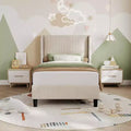 Twin Bed Frame with Adjustable Headboard, Velvet Upholstered Platform Bed with 12 Wood Slats Support, Sturdy Support Feet, Beige