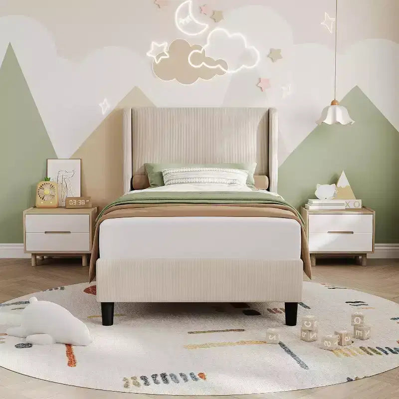 Twin Bed Frame with Adjustable Headboard, Velvet Upholstered Platform Bed with 12 Wood Slats Support, Sturdy Support Feet, Beige