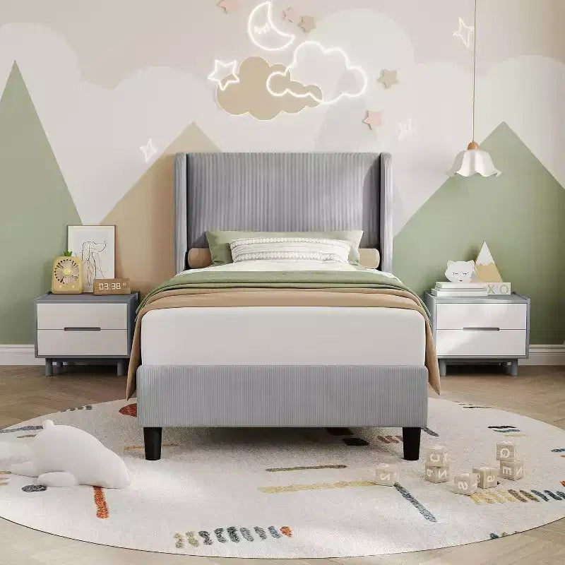 Twin Bed Frame with Adjustable Headboard, Velvet Upholstered Platform Bed with 12 Wood Slats Support, Sturdy Support Feet, Beige