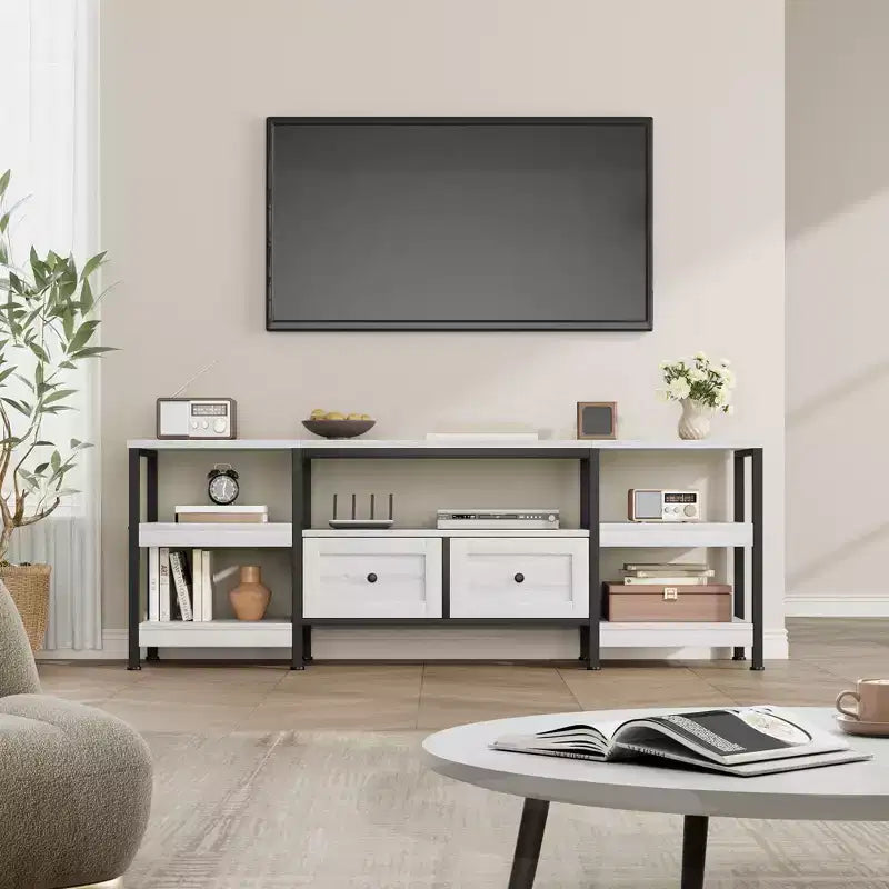Meuble TV industriel rustique avec 2 tiroirs et étagères ouvertes, salon/salle de cinéma maison, convient aux espaces de vie à aire ouverte