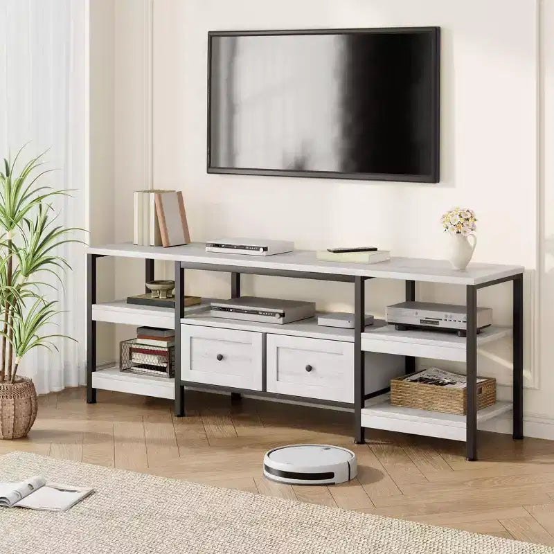 Rustic Industrial Media Console with 2 Drawers and Open Storage Shelves, Living RoomHome Theater RoomSuitable forOpen-Concept Living Space