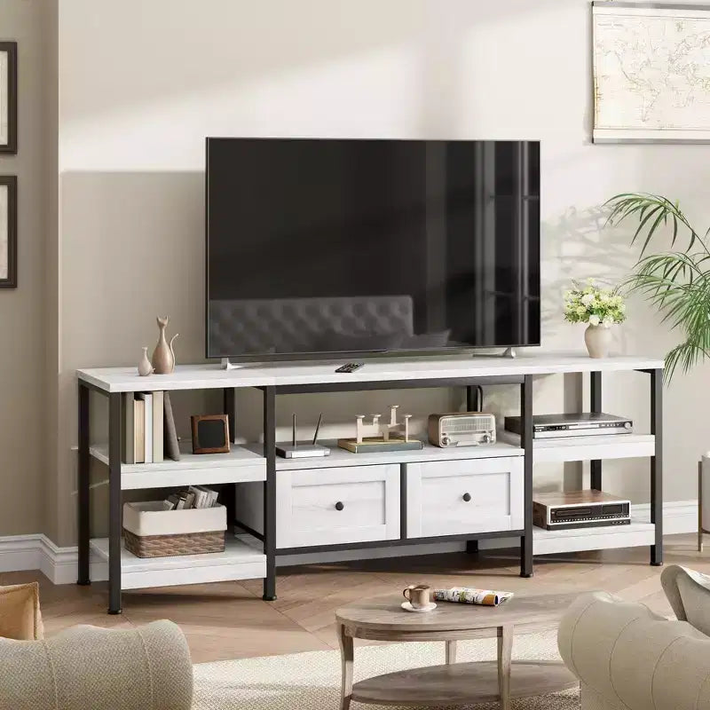 Rustic Industrial Media Console with 2 Drawers and Open Storage Shelves, Living RoomHome Theater RoomSuitable forOpen-Concept Living Space