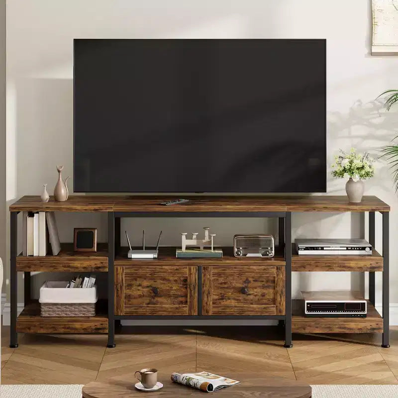Rustic Industrial Media Console with 2 Drawers and Open Storage Shelves, Living RoomHome Theater RoomSuitable forOpen-Concept Living Space