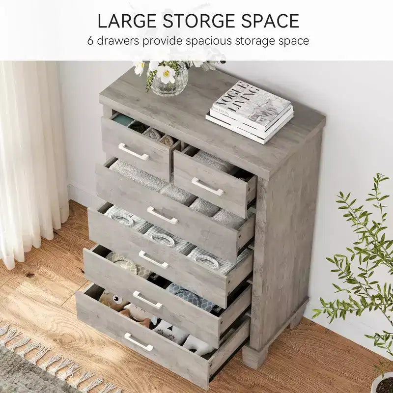 Dresser for Bedroom with 6 Drawers, 45 Tall Grey Chests of Drawers with Storage, Wooden Dresser for Closet for Bedroom, Living Room, Entryway