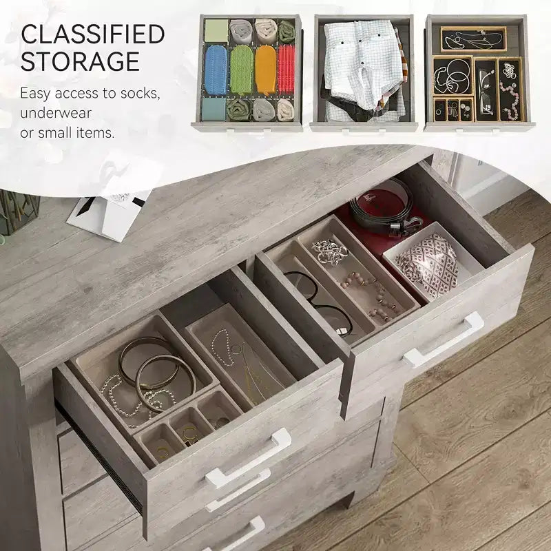 Dresser for Bedroom with 6 Drawers, 45 Tall Grey Chests of Drawers with Storage, Wooden Dresser for Closet for Bedroom, Living Room, Entryway
