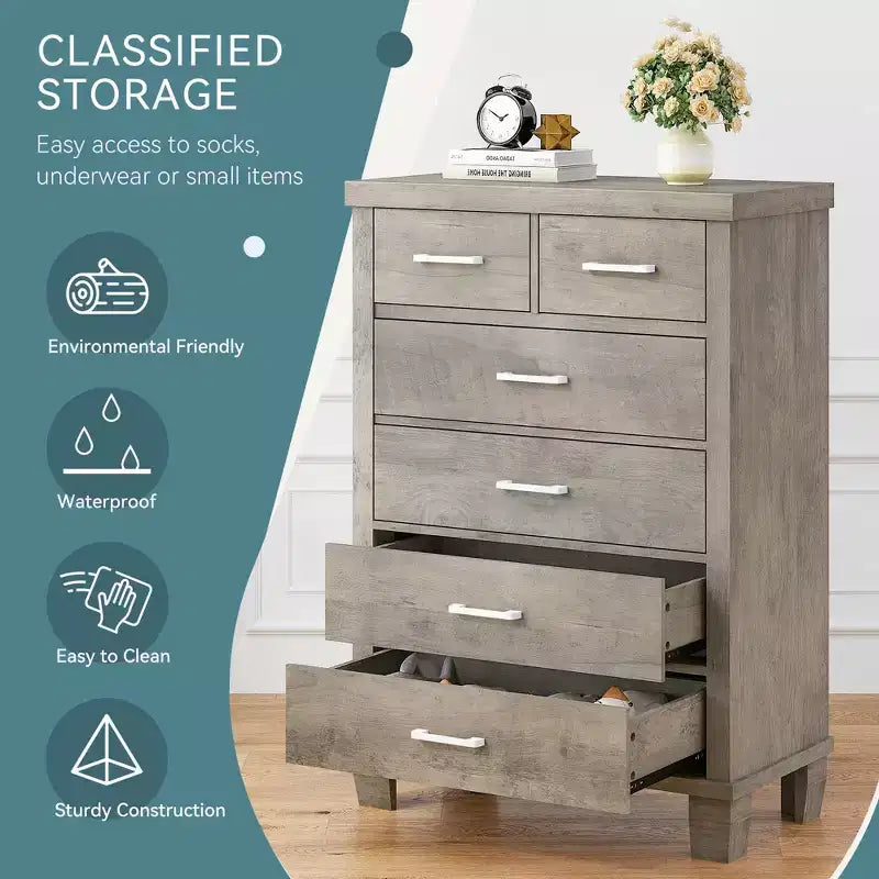 Dresser for Bedroom with 6 Drawers, 45 Tall Grey Chests of Drawers with Storage, Wooden Dresser for Closet for Bedroom, Living Room, Entryway