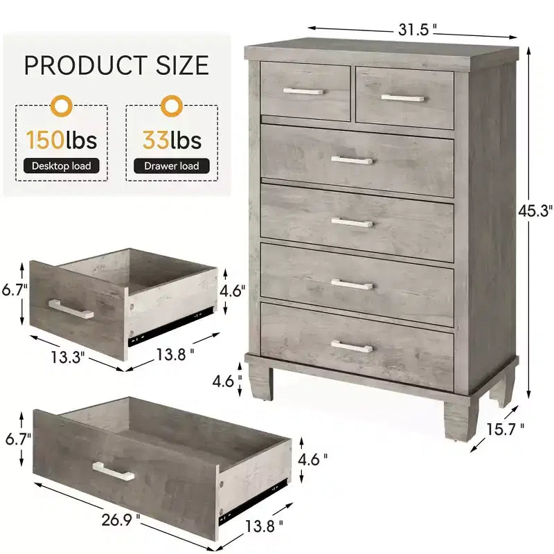 Dresser for Bedroom with 6 Drawers, 45 Tall Grey Chests of Drawers with Storage, Wooden Dresser for Closet for Bedroom, Living Room, Entryway
