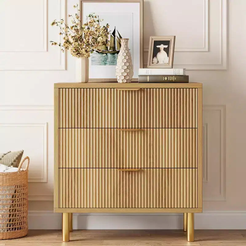 Natural Oak 3 Drawer Dresser for Bedroom, 30 Tall Modern Chest of Drawers with Gold Metal Handles & Anti-Tipping Device, Wooden Dresser Organizer