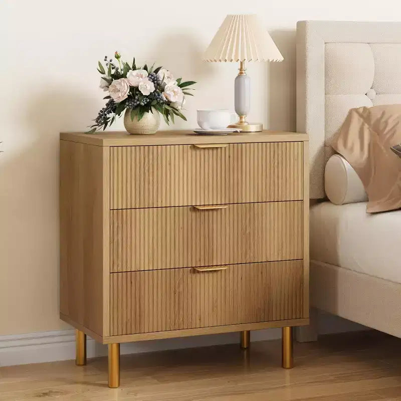 Natural Oak 3 Drawer Dresser for Bedroom, 30 Tall Modern Chest of Drawers with Gold Metal Handles & Anti-Tipping Device, Wooden Dresser Organizer