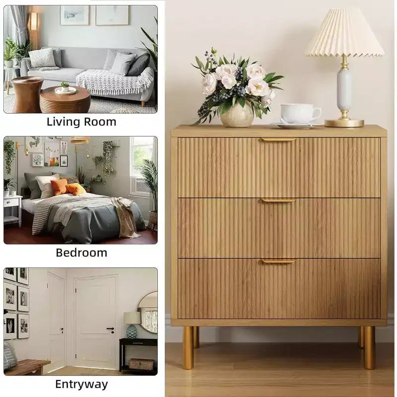 Natural Oak 3 Drawer Dresser for Bedroom, 30 Tall Modern Chest of Drawers with Gold Metal Handles & Anti-Tipping Device, Wooden Dresser Organizer