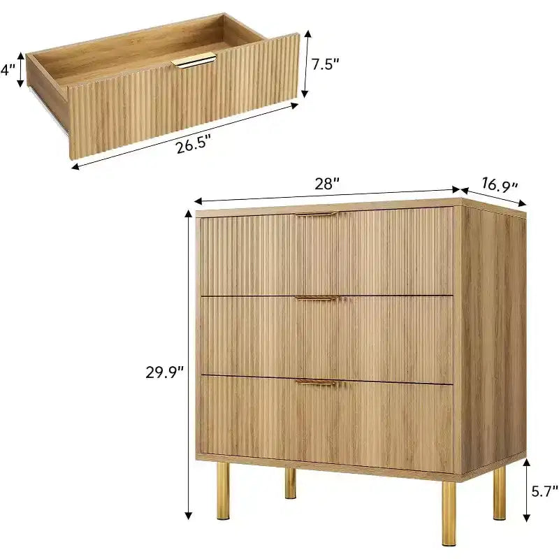 Natural Oak 3 Drawer Dresser for Bedroom, 30 Tall Modern Chest of Drawers with Gold Metal Handles & Anti-Tipping Device, Wooden Dresser Organizer