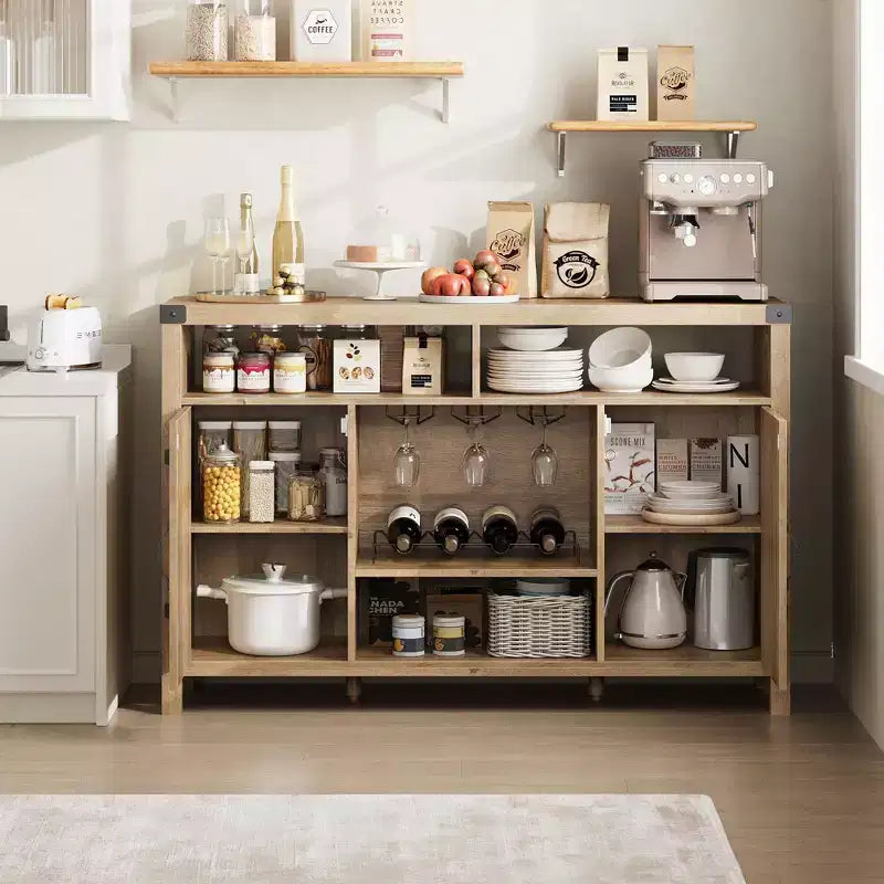 Farmhouse Coffee Bar Cabinet with Rattan Doors, 52 Wine Bar with Adjustable Shelves and Removable Wine Rack