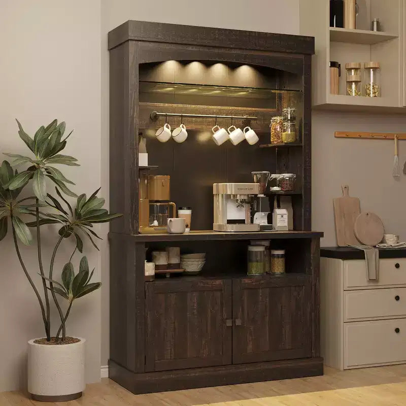 COZONY 72 Tall Coffee Bar Cabinet with LED Lights, Farmhouse Buffet Cabinet with Storage, Wine Rack & Microwave Stand for Kitchen Dining Room