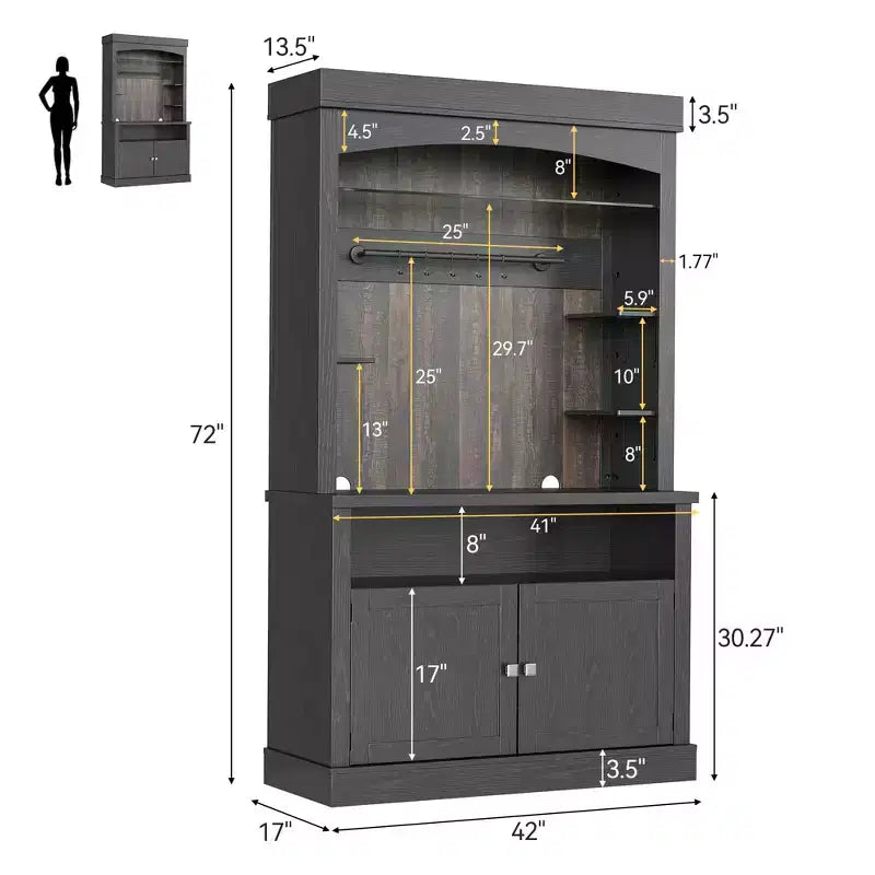 Meuble de bar à café haut de 72 po avec lumières LED, buffet de ferme avec rangement, casier à vin et support à micro-ondes pour cuisine et salle à manger