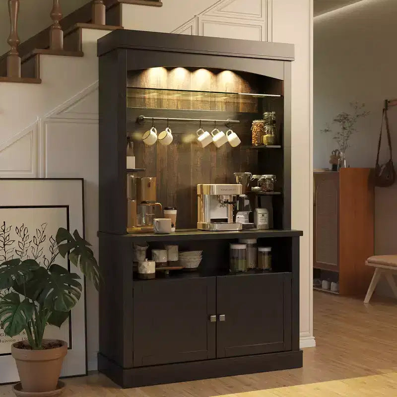 Meuble de bar à café haut de 72 po avec lumières LED, buffet de ferme avec rangement, casier à vin et support à micro-ondes pour cuisine et salle à manger