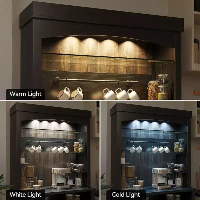 Meuble de bar à café haut de 72 po avec lumières LED, buffet de ferme avec rangement, casier à vin et support à micro-ondes pour cuisine et salle à manger