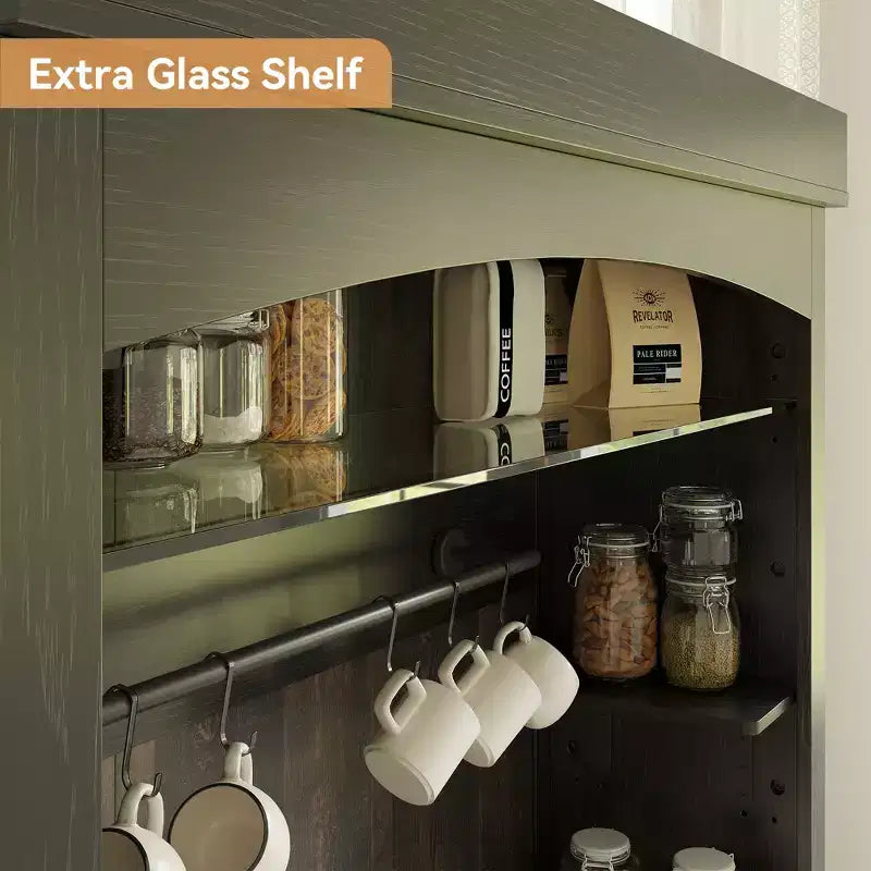 Meuble de bar à café haut de 72 po avec lumières LED, buffet de ferme avec rangement, casier à vin et support à micro-ondes pour cuisine et salle à manger