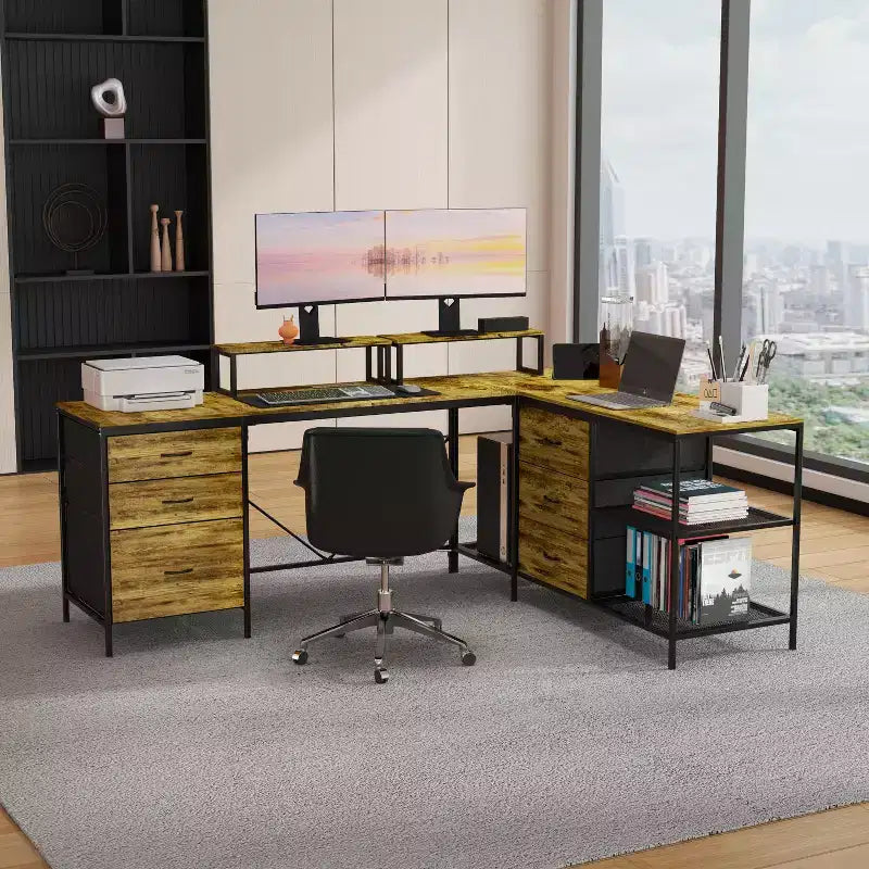 Okak 114IN Industrail L-Shaped Office Desk, Computer Desk with 6 Drawers, 3 Shelves and Movable Monitor Stands, Desk for Home, Office, Brown