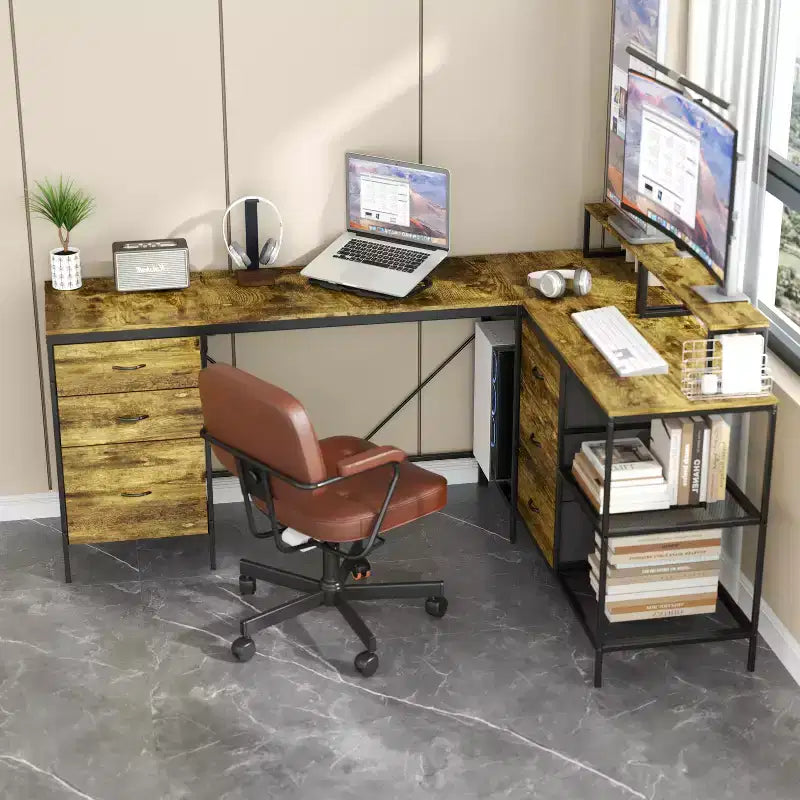 Bureau d'angle industriel 114IN, bureau d'ordinateur avec 6 tiroirs, 3 étagères et supports d'écran mobiles, bureau pour la maison, le bureau, marron