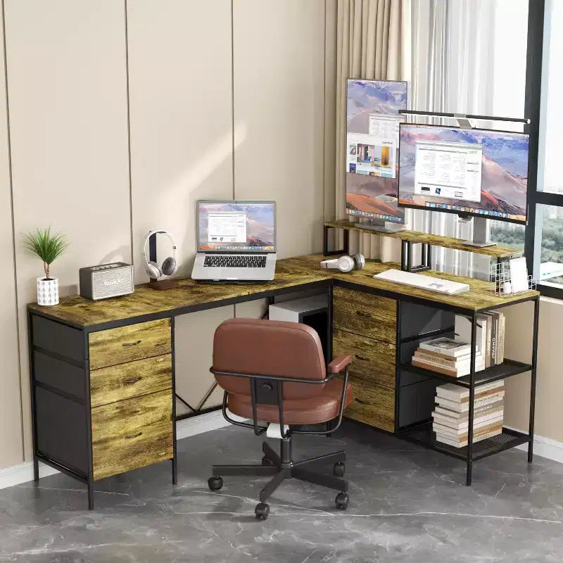 Bureau d'angle industriel 114IN, bureau d'ordinateur avec 6 tiroirs, 3 étagères et supports d'écran mobiles, bureau pour la maison, le bureau, marron