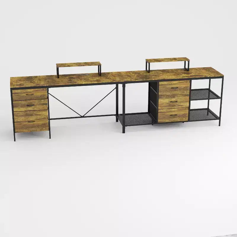 Bureau d'angle industriel 114IN, bureau d'ordinateur avec 6 tiroirs, 3 étagères et supports d'écran mobiles, bureau pour la maison, le bureau, marron