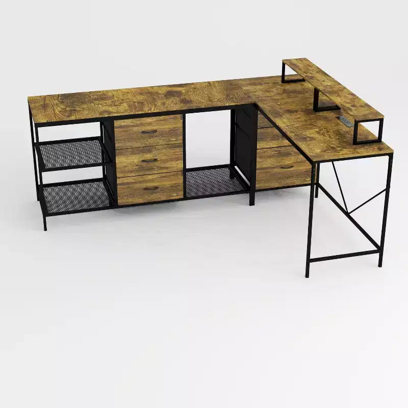 Bureau d'angle industriel 114IN, bureau d'ordinateur avec 6 tiroirs, 3 étagères et supports d'écran mobiles, bureau pour la maison, le bureau, marron