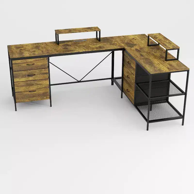 Bureau d'angle industriel 114IN, bureau d'ordinateur avec 6 tiroirs, 3 étagères et supports d'écran mobiles, bureau pour la maison, le bureau, marron