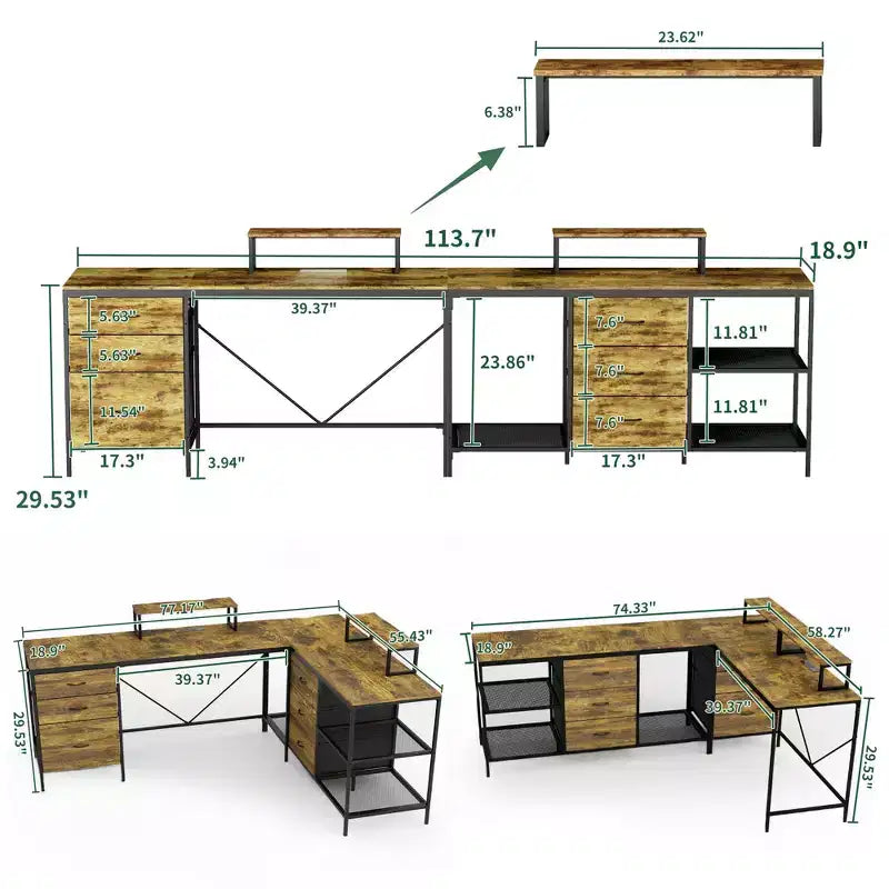 Bureau d'angle industriel 114IN, bureau d'ordinateur avec 6 tiroirs, 3 étagères et supports d'écran mobiles, bureau pour la maison, le bureau, marron