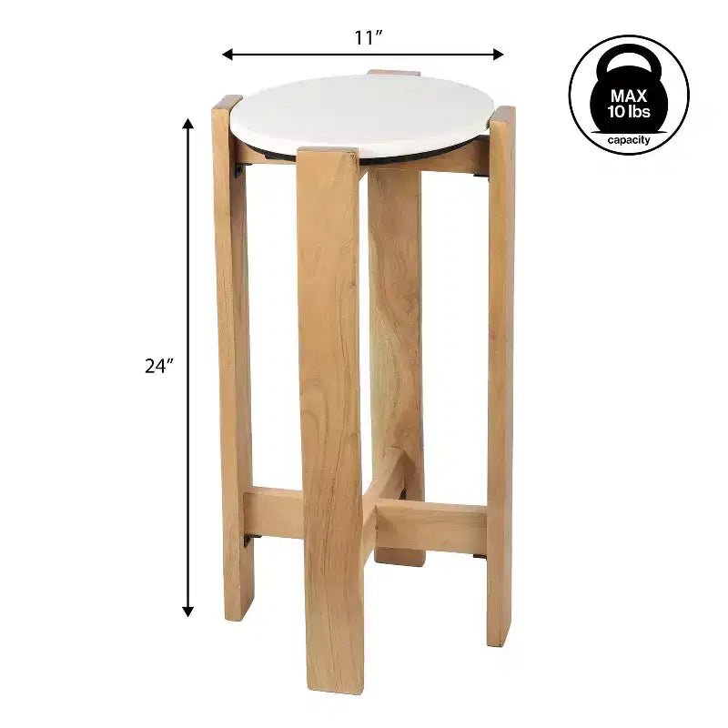 Table d'appoint minimaliste en bois structuré avec plateau rond en marbre blanc