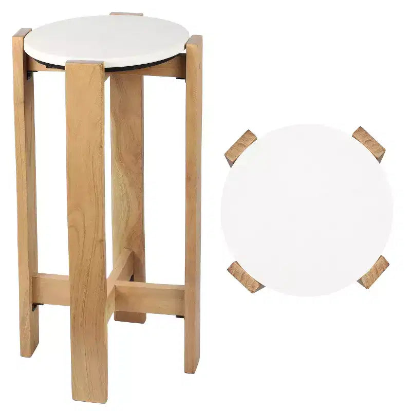 Minimalist Structured Wood Drink Table & Decorative End Table with White Marble Round Top
