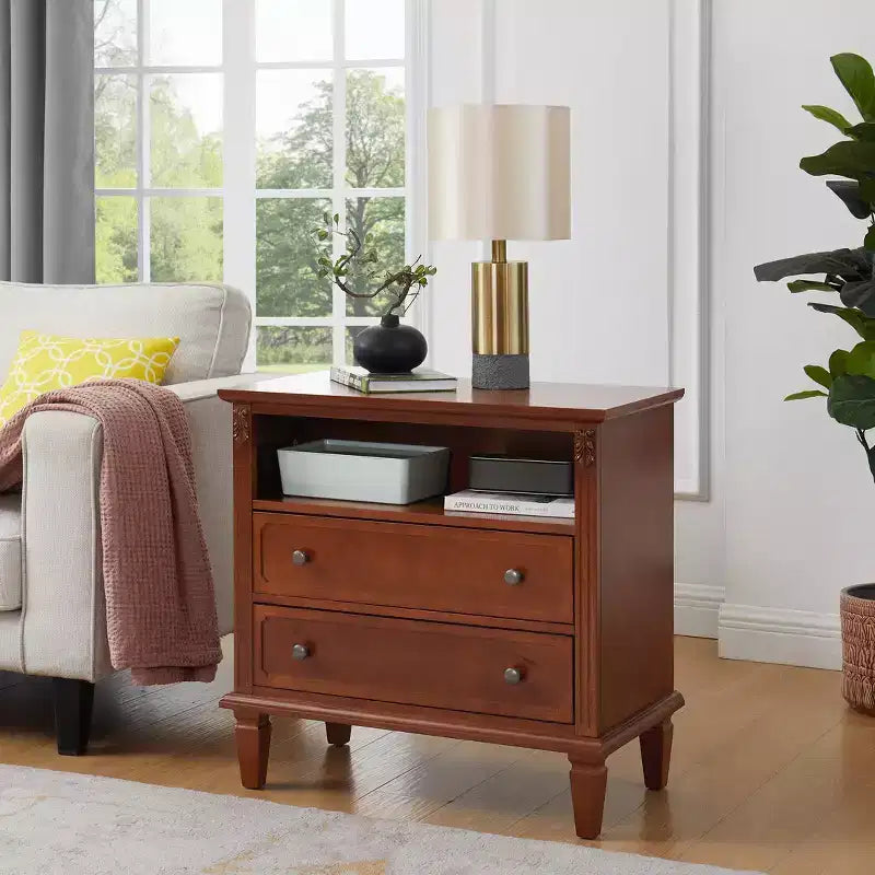 Open Space and 2 Rustic Farmhouse 2 Drawer Nightstand for Bedroom Living Room
