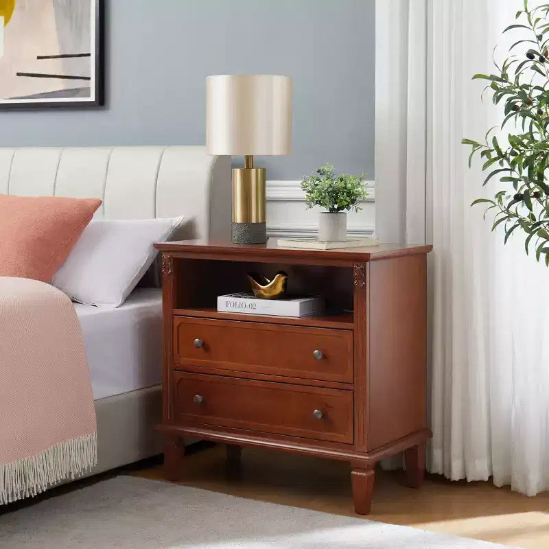 Open Space and 2 Rustic Farmhouse 2 Drawer Nightstand for Bedroom Living Room